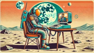 astronaut conducting video consultation with customer, retro-futuristic aesthetic inspired by 1950s sci-fi art