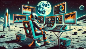 astronaut optimizing video content on the moon, retro-futuristic 1950s sci-fi art style