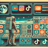 retro-style astronaut in moon base managing video uploads to various social media platforms
