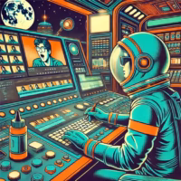 astronaut sitting at a futuristic editing console inside a moon base editing talking head videos for YouTube creators
