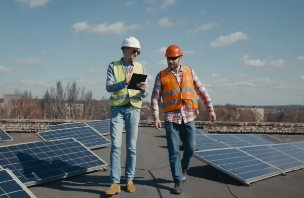 engineer-technician-solar-panels-on-roof-contractors-educating-explaining