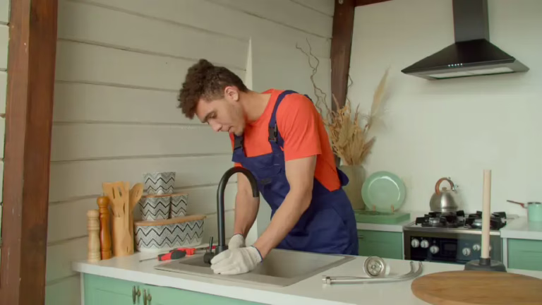 professional-plumber-working-in-kitchen-fixing-faucet-showing-explaining-problem-and-solution