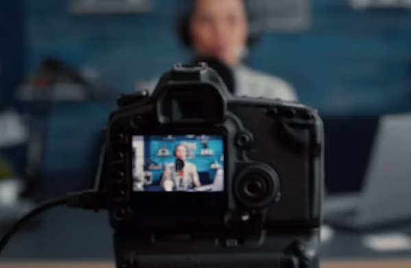 Local business expert recording an educational video in a professional office setup with camera and microphone